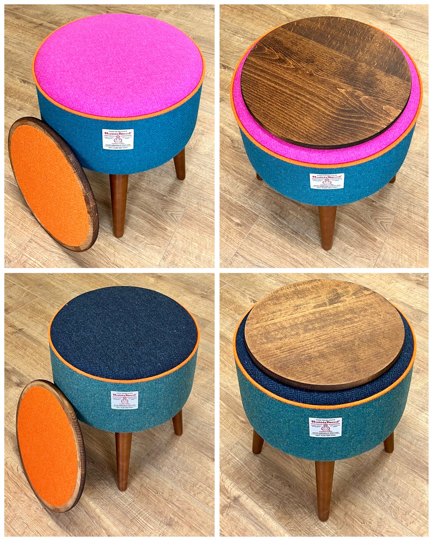 Rainbow End Table, Orange and Fuchsia Harris Tweed with Teal Piping and Removable Wooden Top