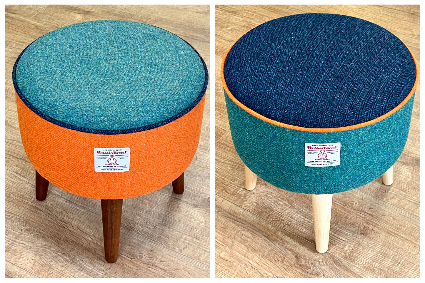 Orange and Green Harris Tweed Footstool with Navy Piping and Dark Varnished Wooden Legs