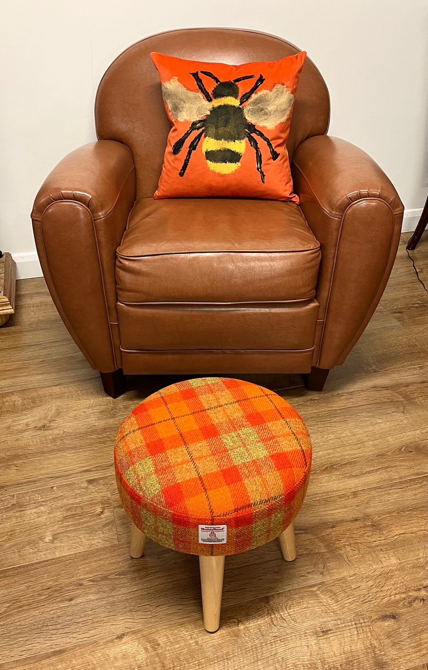 Orange Tartan Harris Tweed Small Footstool