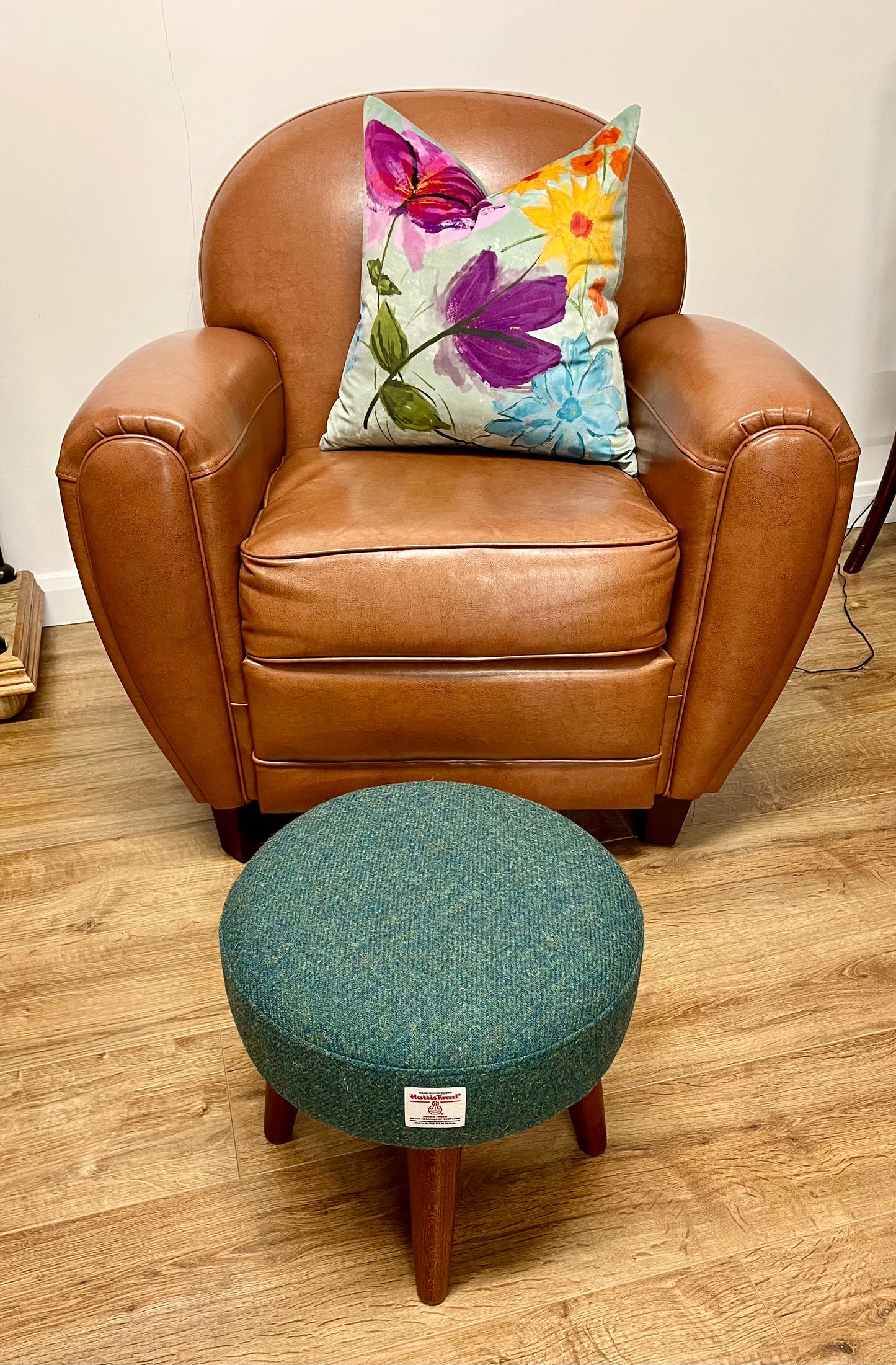 Deep Green Harris Tweed Footstool with Dark Varnished Light Wooden Legs