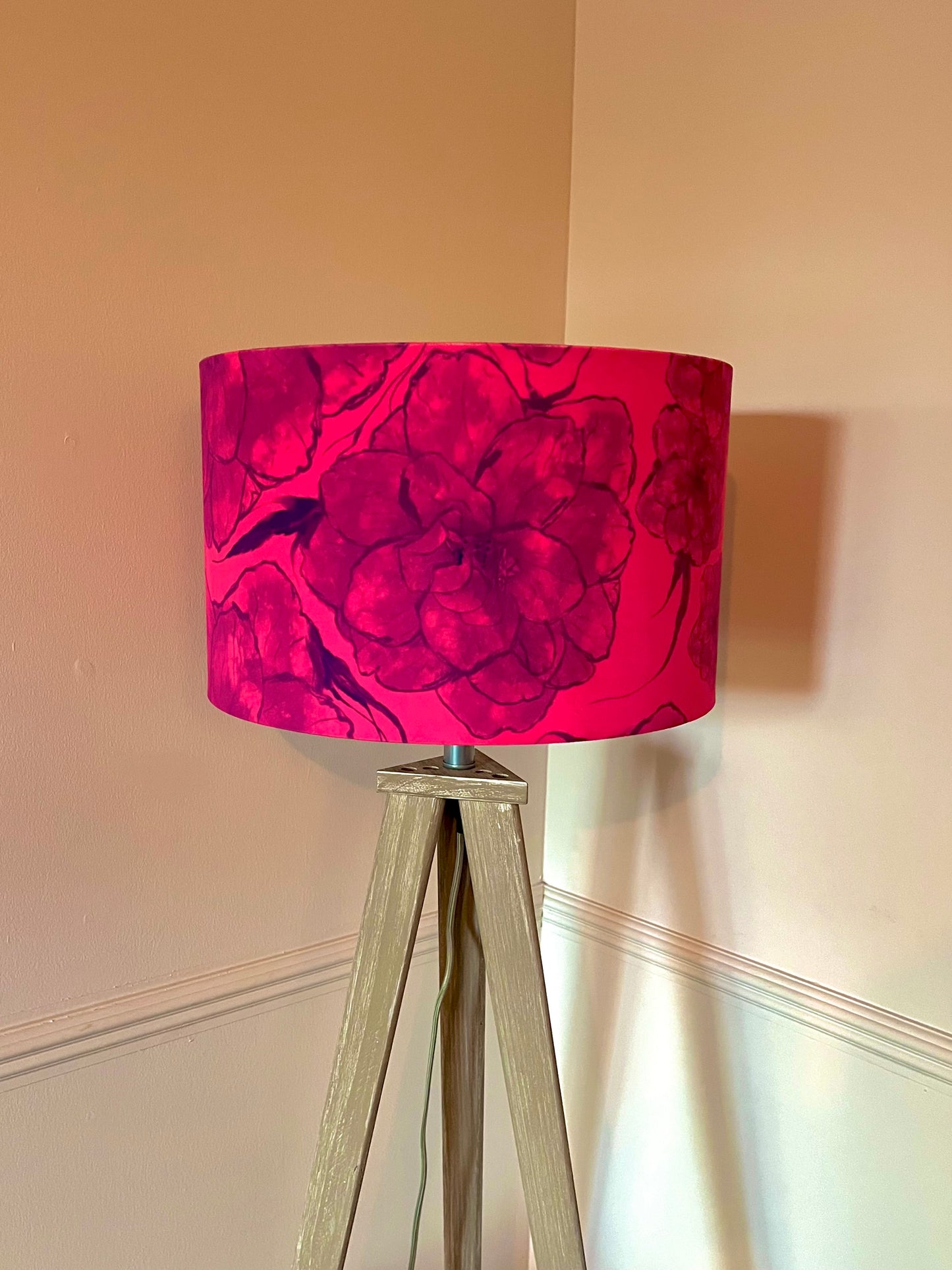 Purple Camellia on Pink Velvet and Harris Tweed Footstool