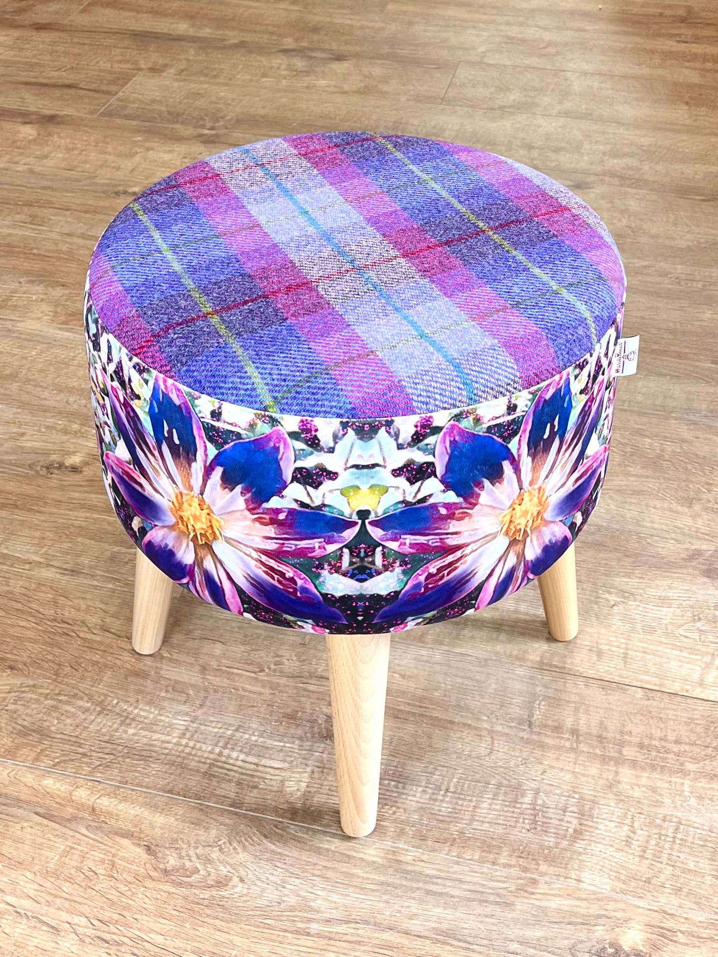 Arran Flower Velvet and Purple Harris Tweed Footstool
