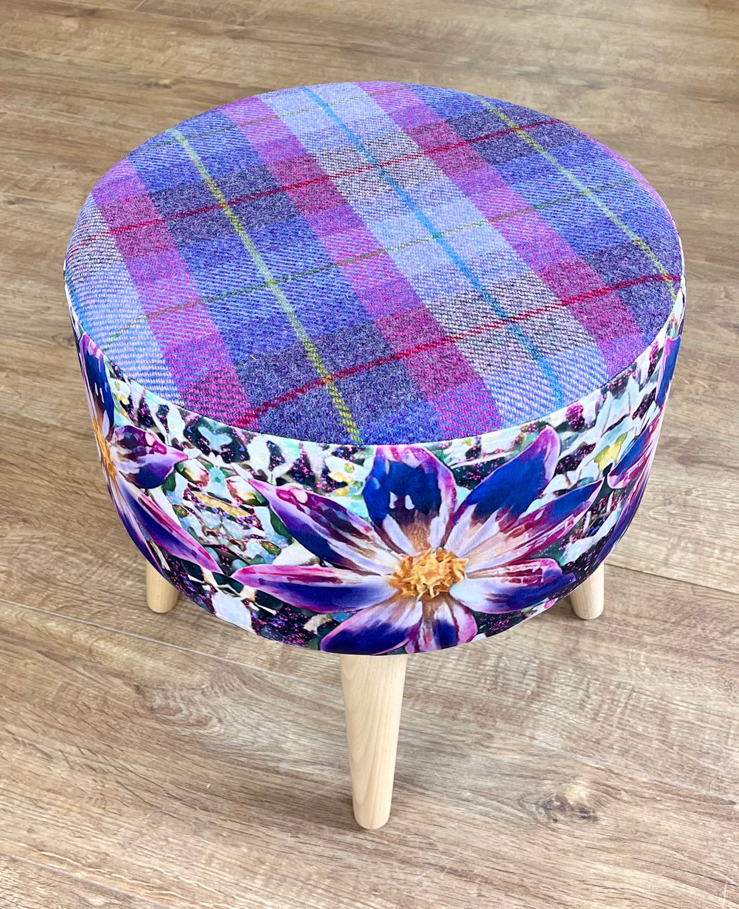 Arran Flower Velvet and Purple Harris Tweed Footstool