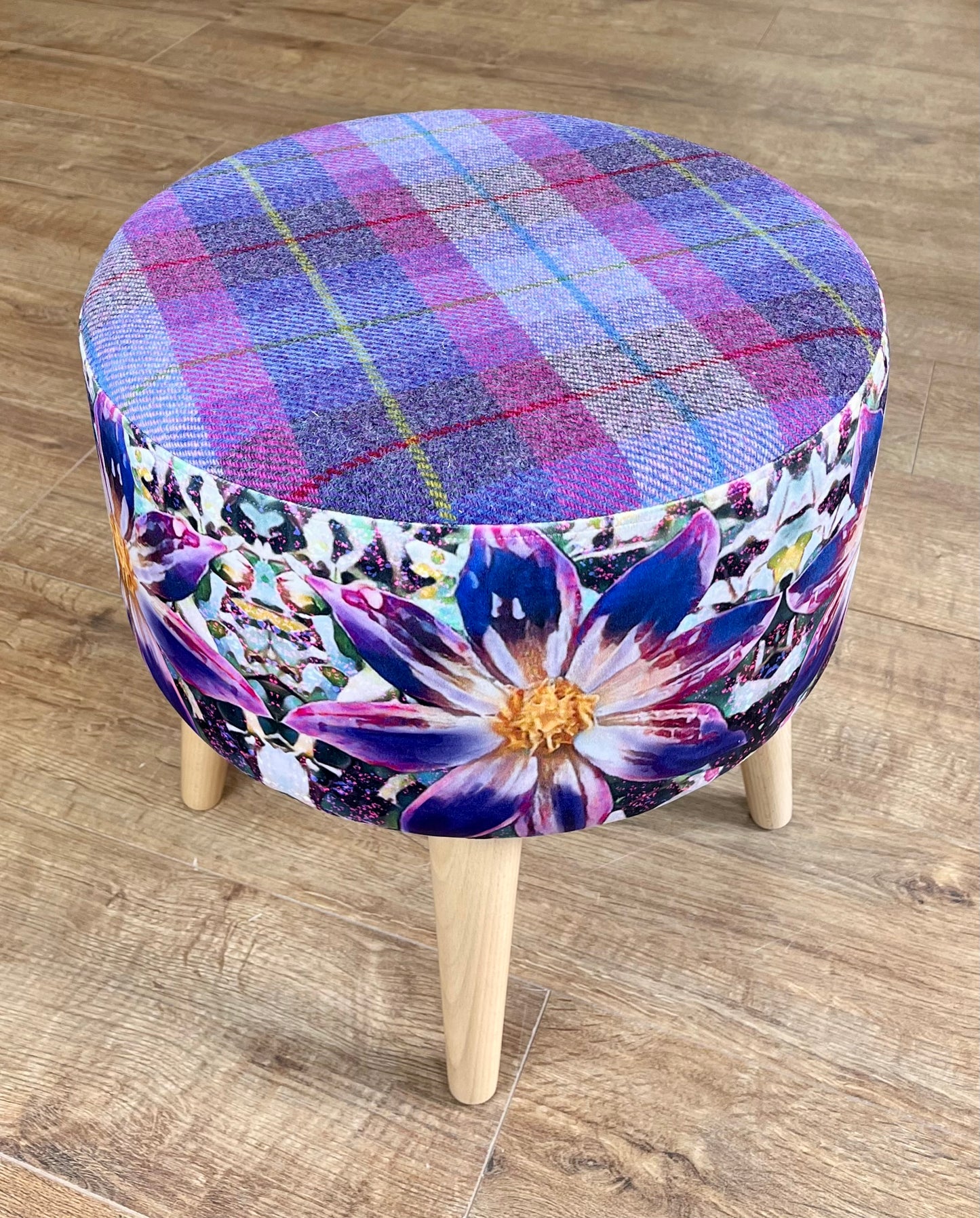 Arran Flower Velvet and Purple Harris Tweed Footstool