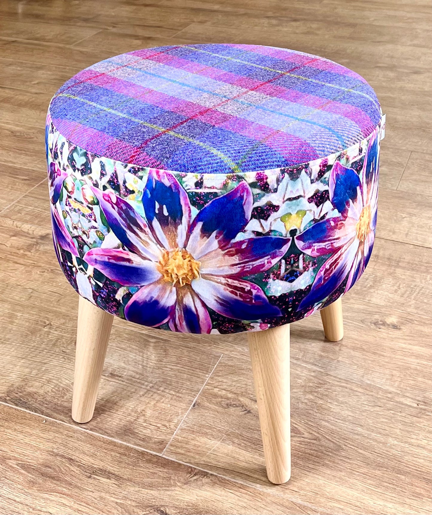 Arran Flower Velvet and Purple Harris Tweed Footstool
