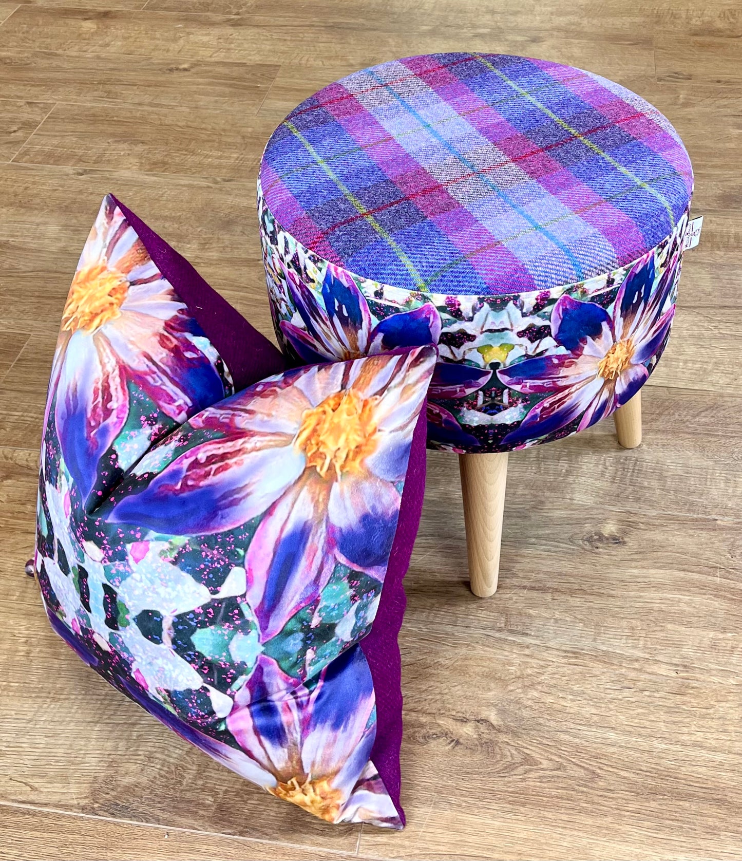 Arran Flower Velvet and Purple Harris Tweed Footstool