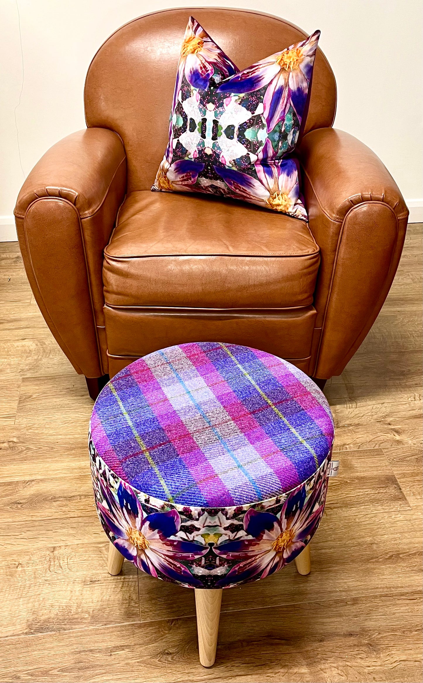 Arran Flower Velvet and Purple Harris Tweed Footstool