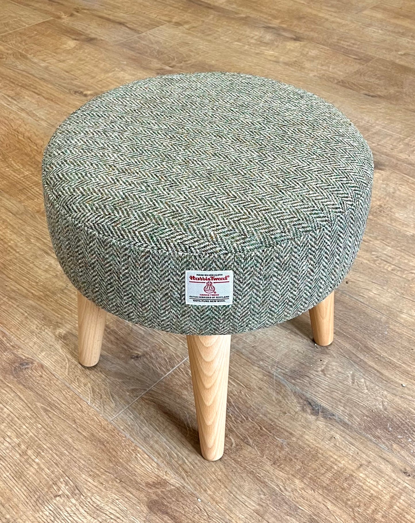 Light Brown Green Harris Tweed Footstool with Varnished Light Wooden Legs