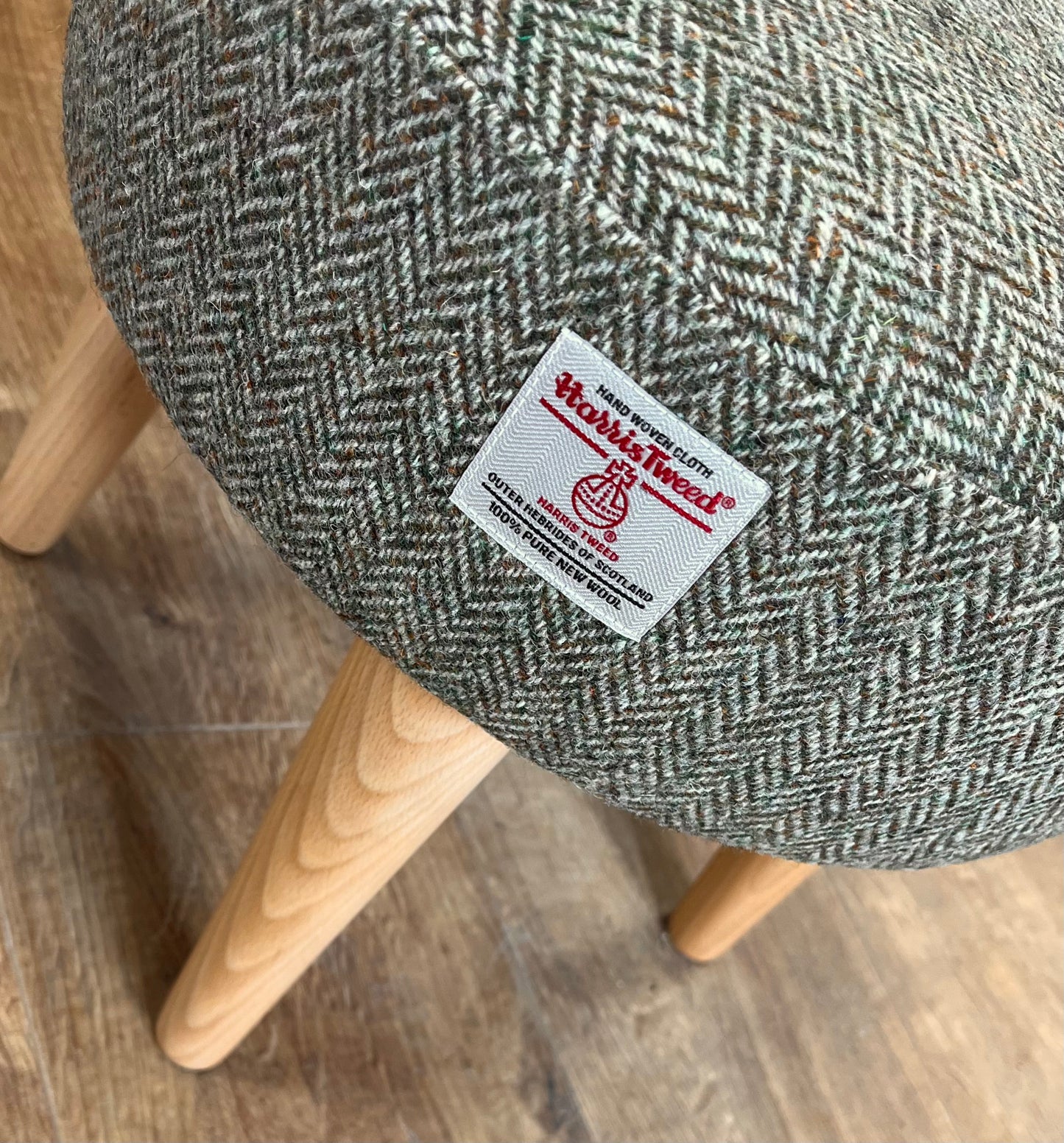 Light Brown Green Harris Tweed Footstool with Varnished Light Wooden Legs
