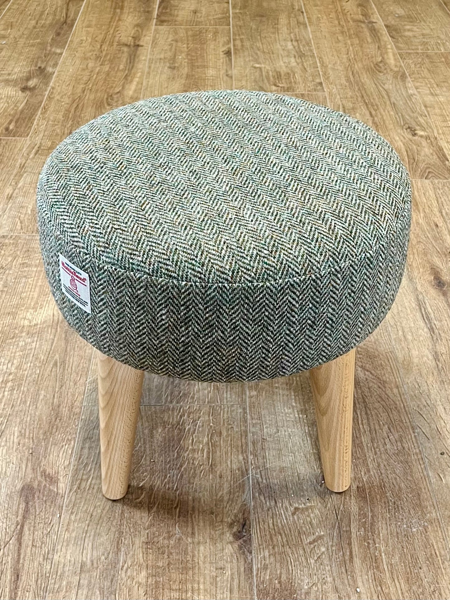 Light Brown Green Harris Tweed Footstool with Varnished Light Wooden Legs