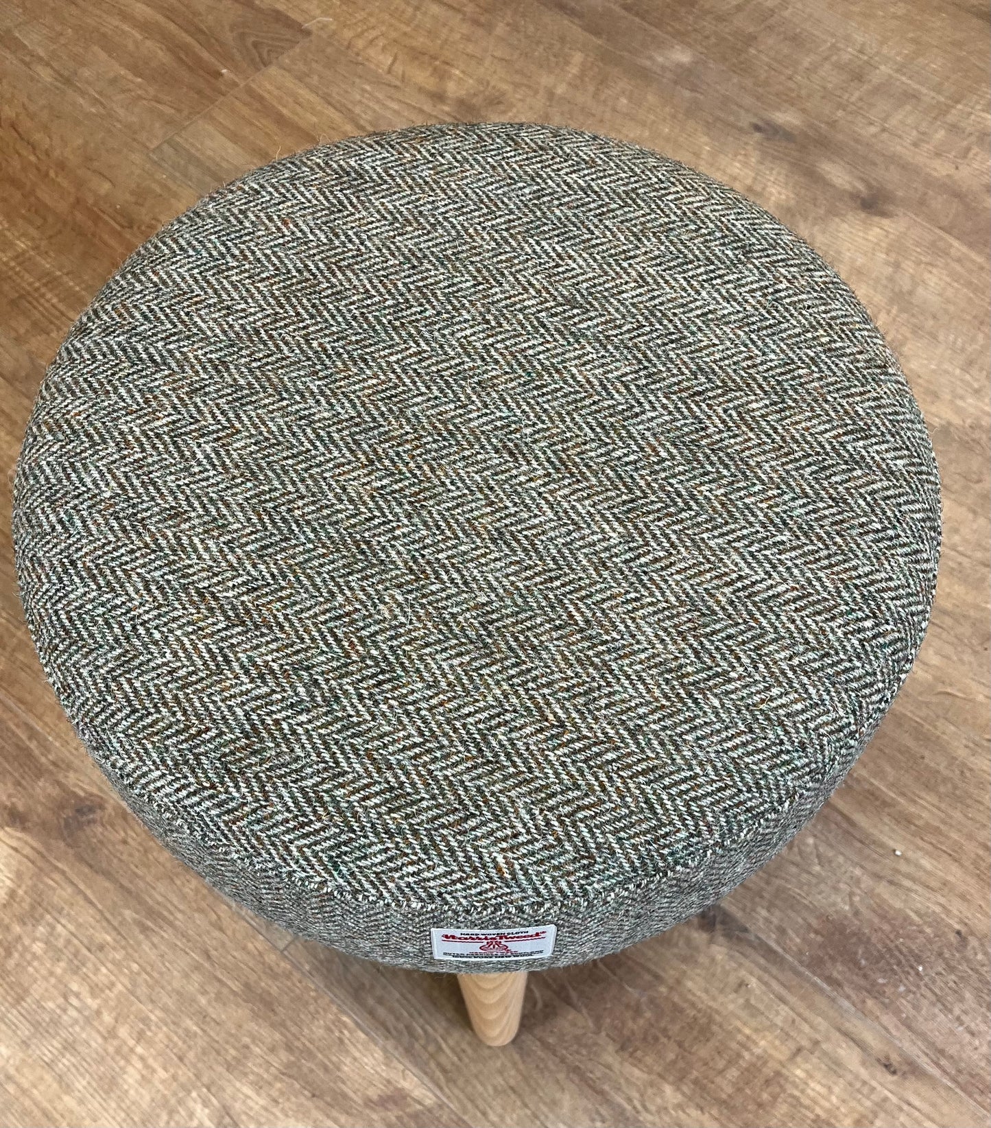 Light Brown Green Harris Tweed Footstool with Varnished Light Wooden Legs