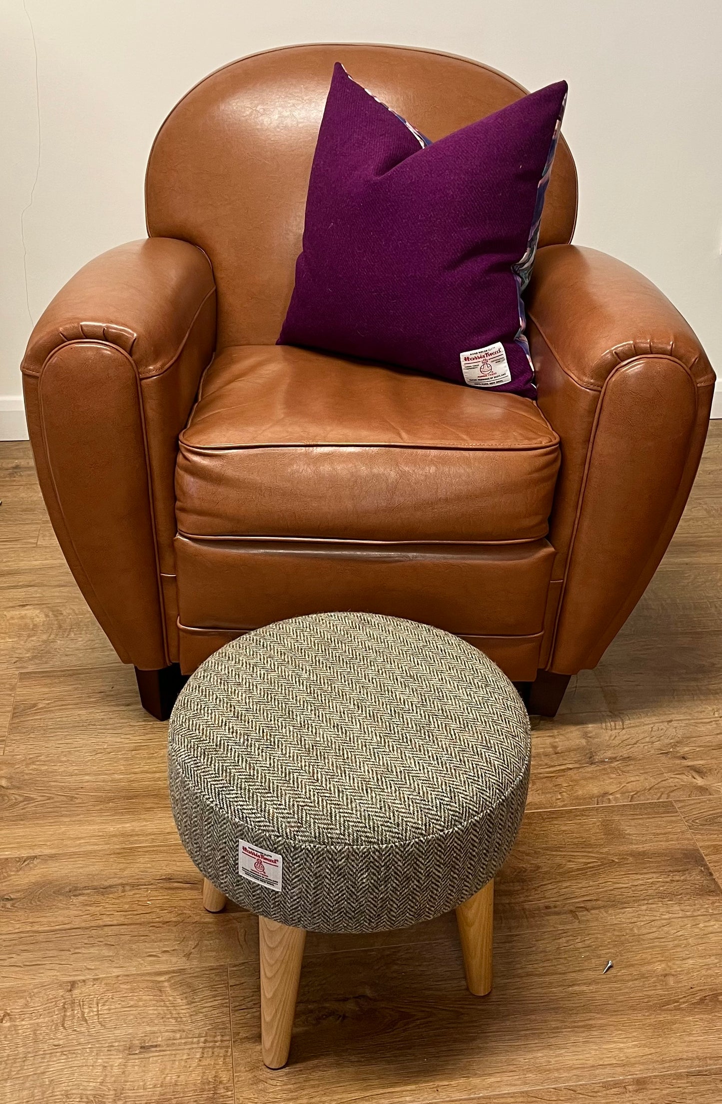 Light Brown Green Harris Tweed Footstool with Varnished Light Wooden Legs