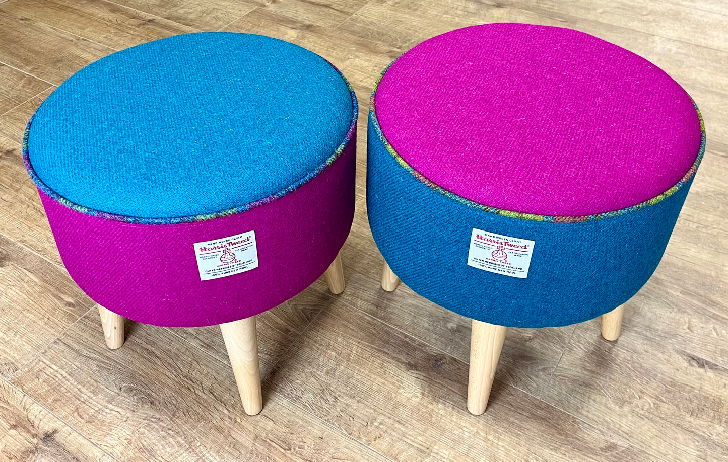 Fuchsia and Teal Harris Tweed Footstool with Tartan Piping and Varnished Wooden Legs
