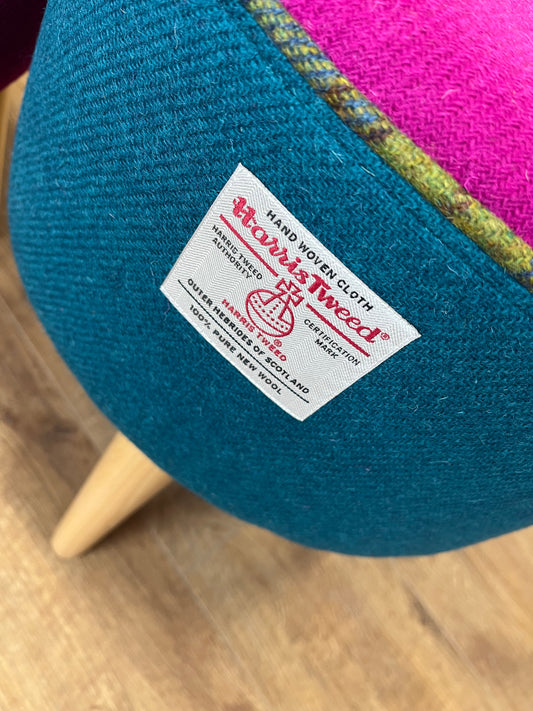 Teal and Fuchsia Harris Tweed Footstool with Tartan Piping and Varnished Wooden Legs