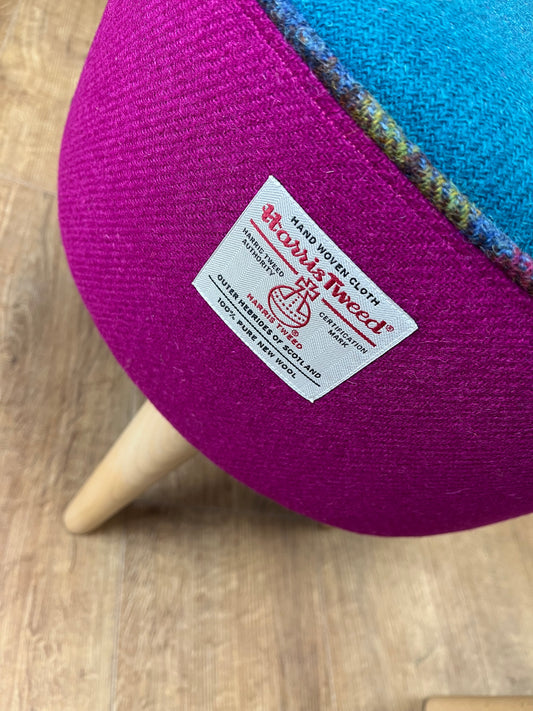 Fuchsia and Teal Harris Tweed Footstool with Tartan Piping and Varnished Wooden Legs