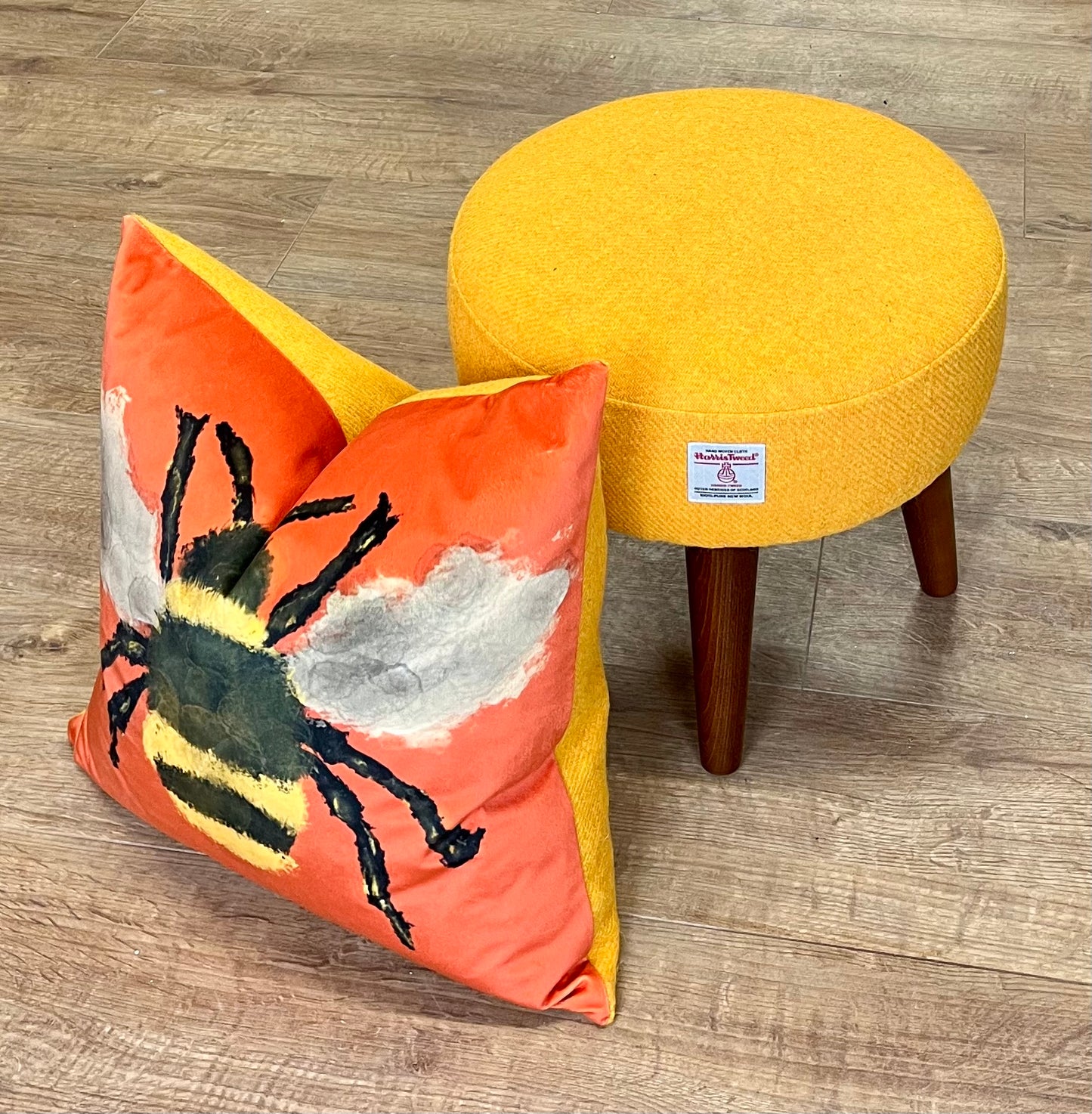 Yellow Harris Tweed Footstool with Dark Varnished Wooden Legs