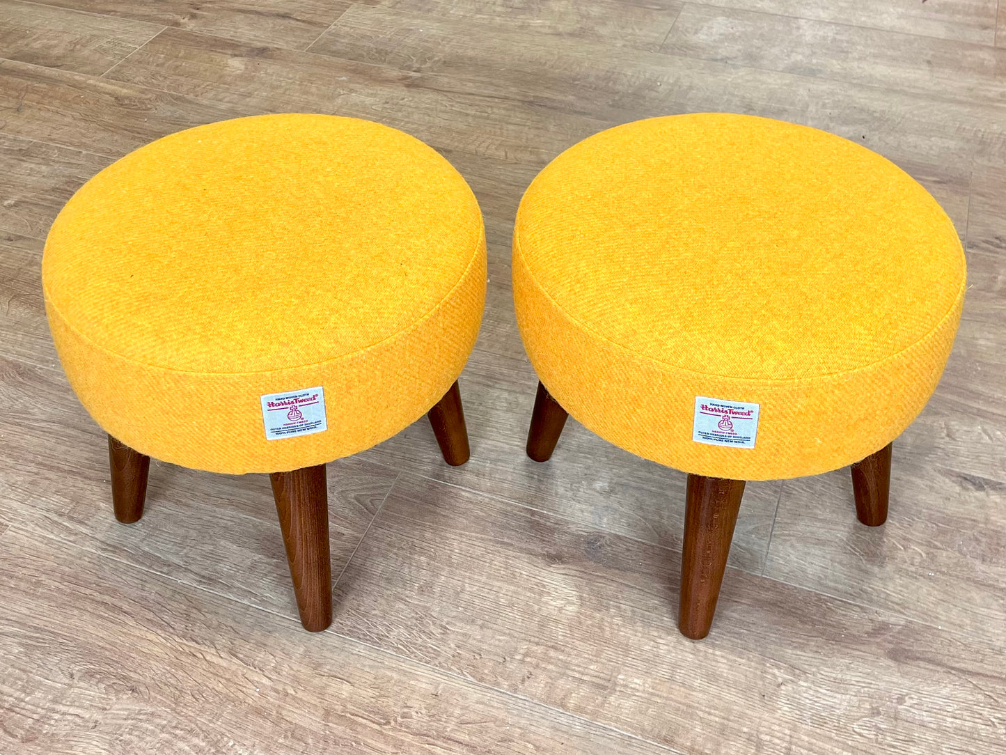 Yellow Harris Tweed Footstool with Dark Varnished Wooden Legs