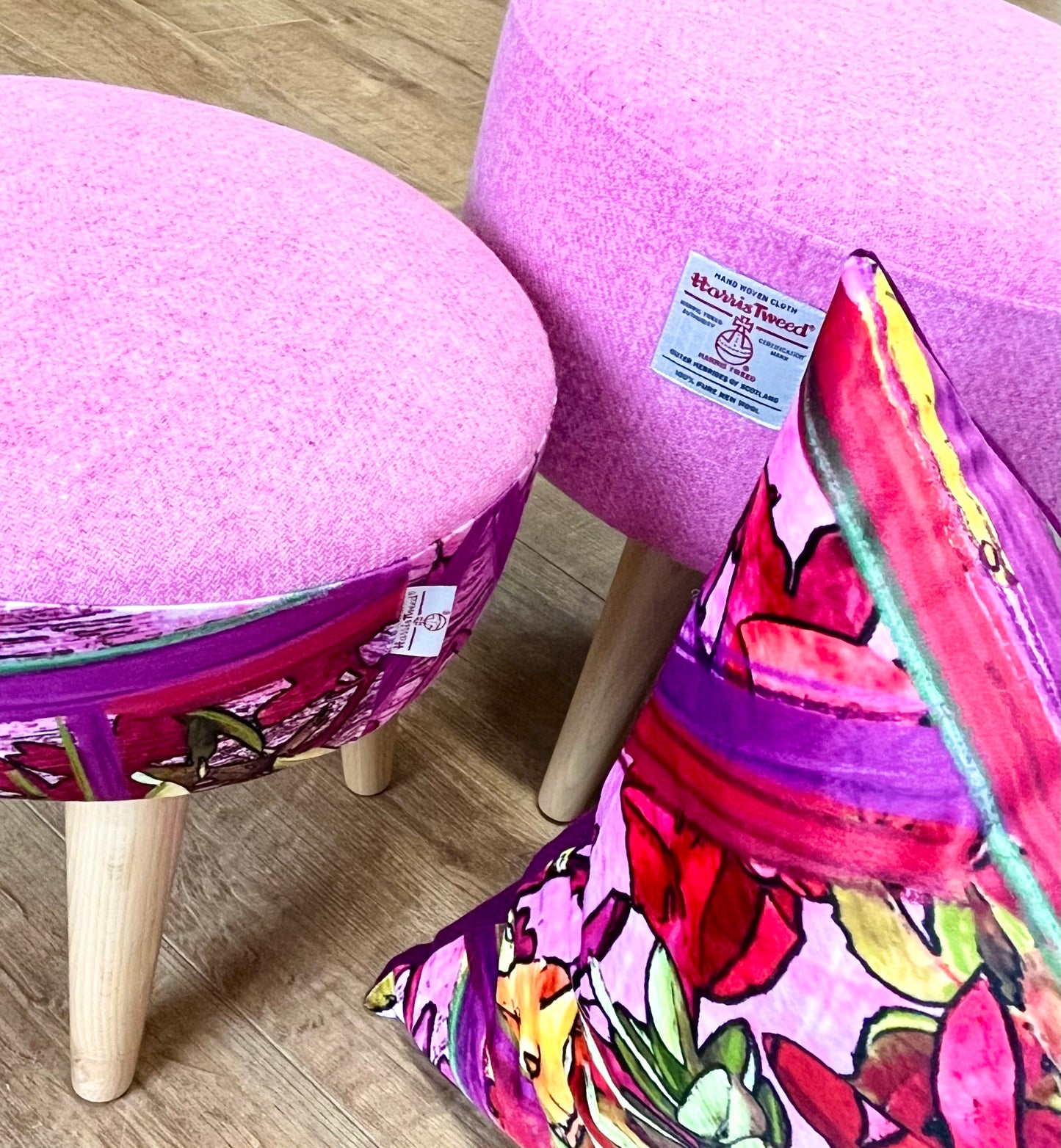 Geo Flower Velvet and Pink Harris Tweed Small Footstool
