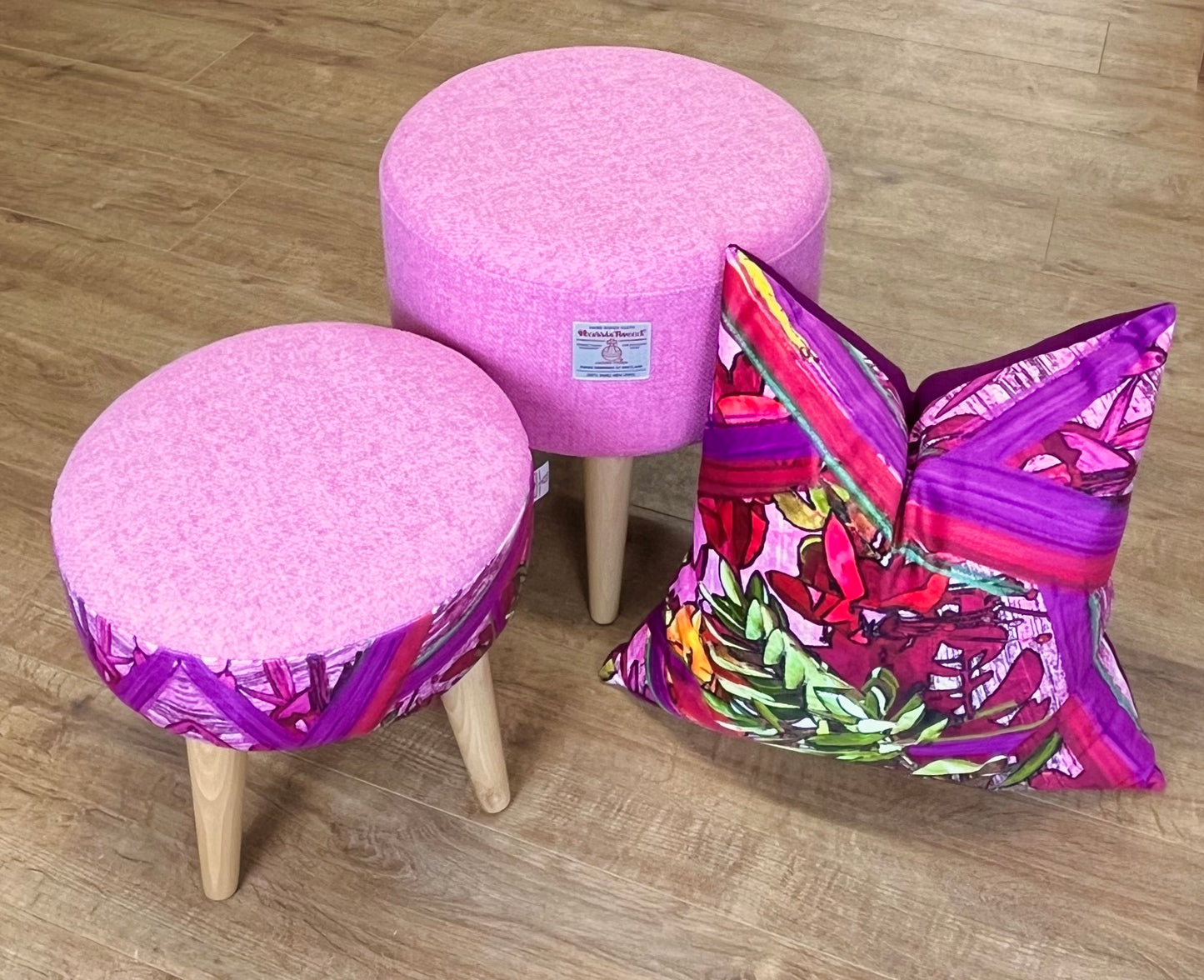 Geo Flower Velvet and Pink Harris Tweed Small Footstool