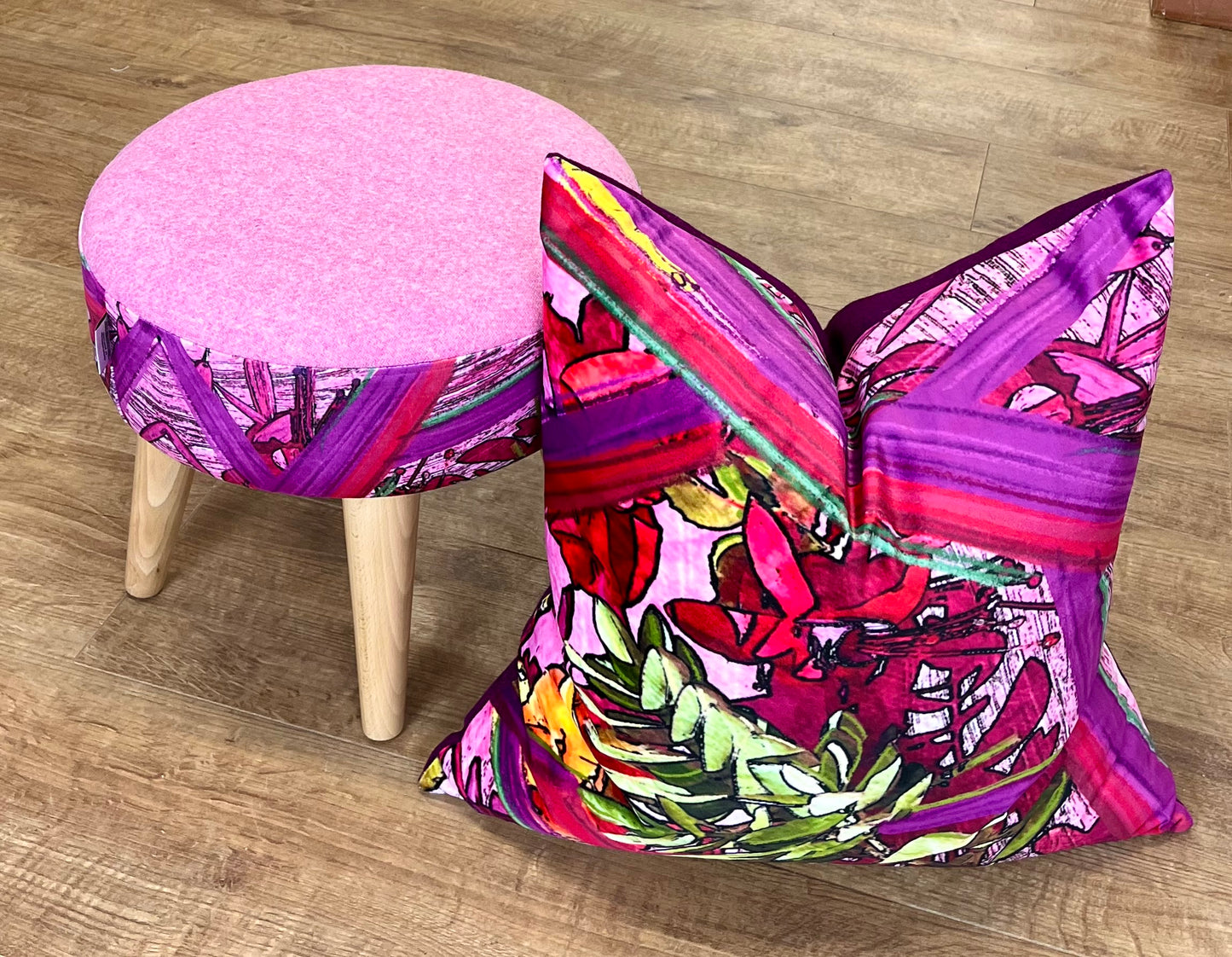 Geo Flower Velvet and Pink Harris Tweed Small Footstool