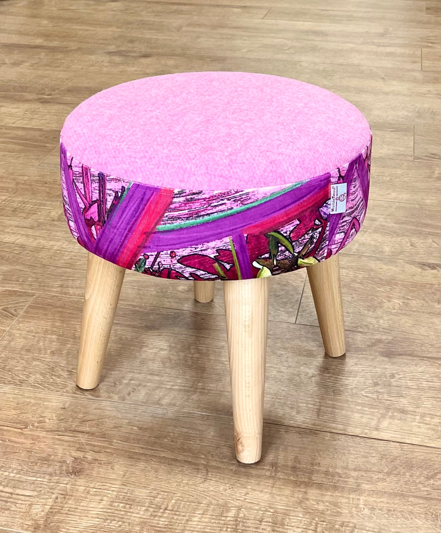Geo Flower Velvet and Pink Harris Tweed Small Footstool