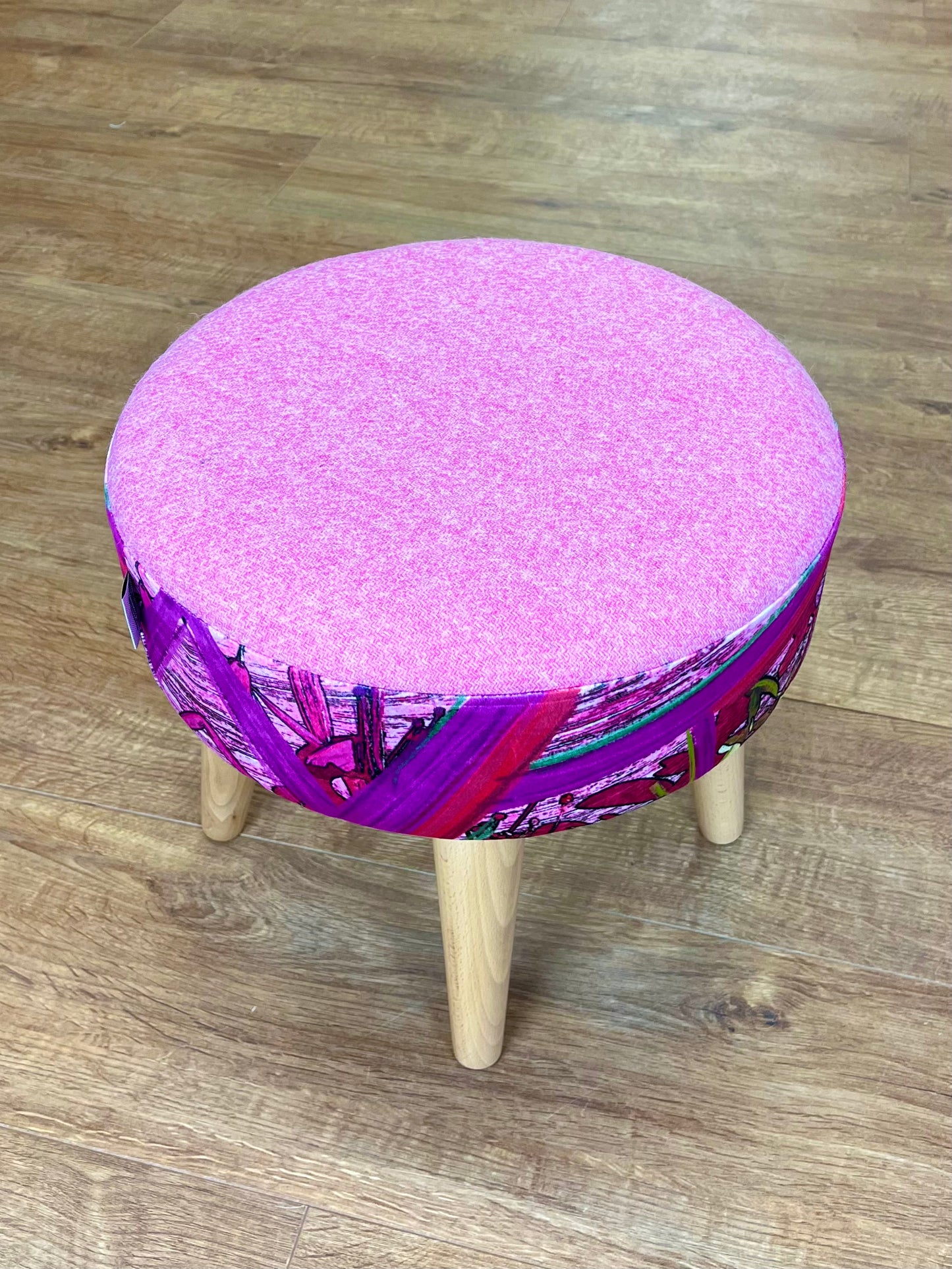Geo Flower Velvet and Pink Harris Tweed Small Footstool