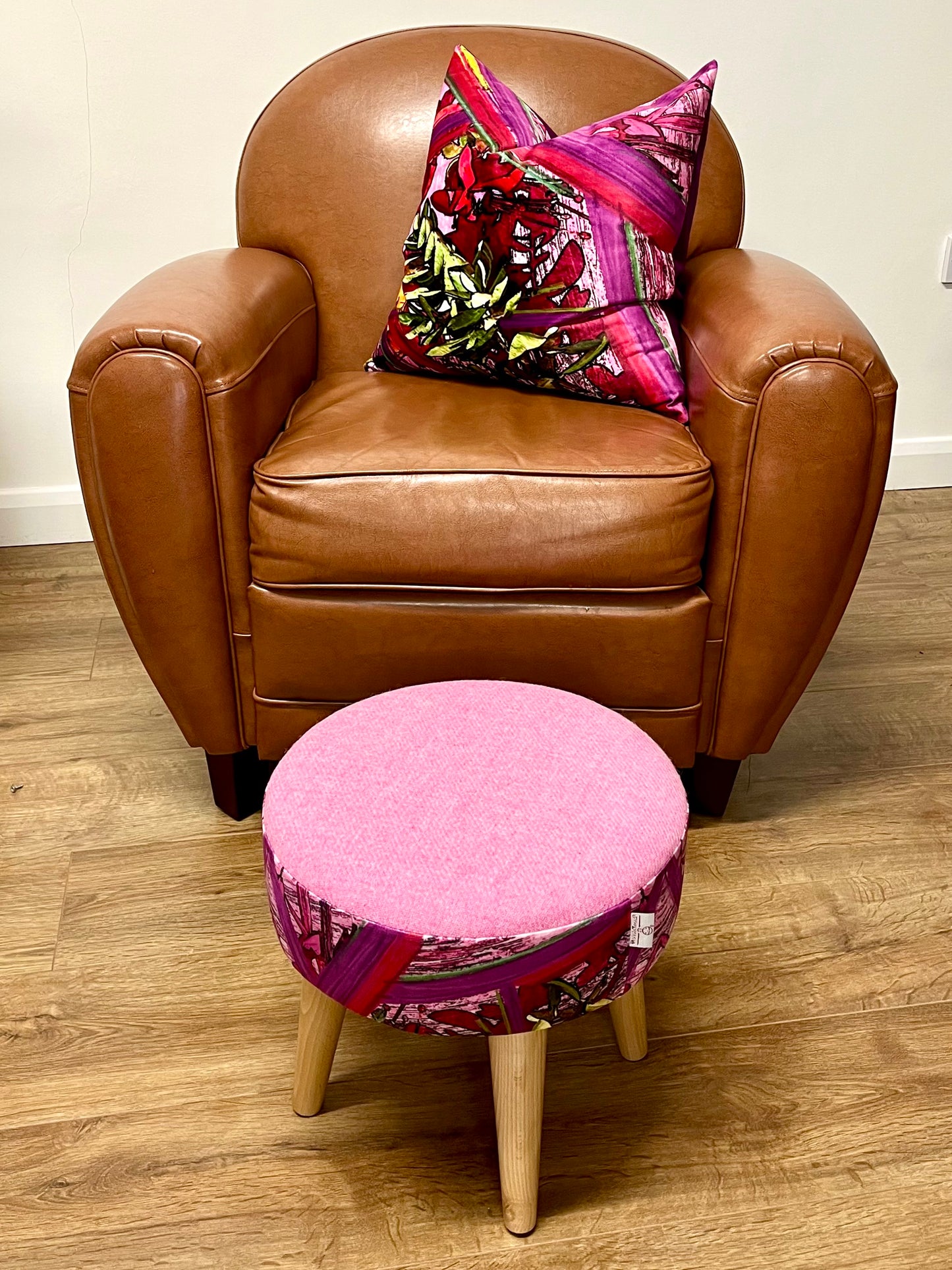 Geo Flower Velvet and Pink Harris Tweed Small Footstool