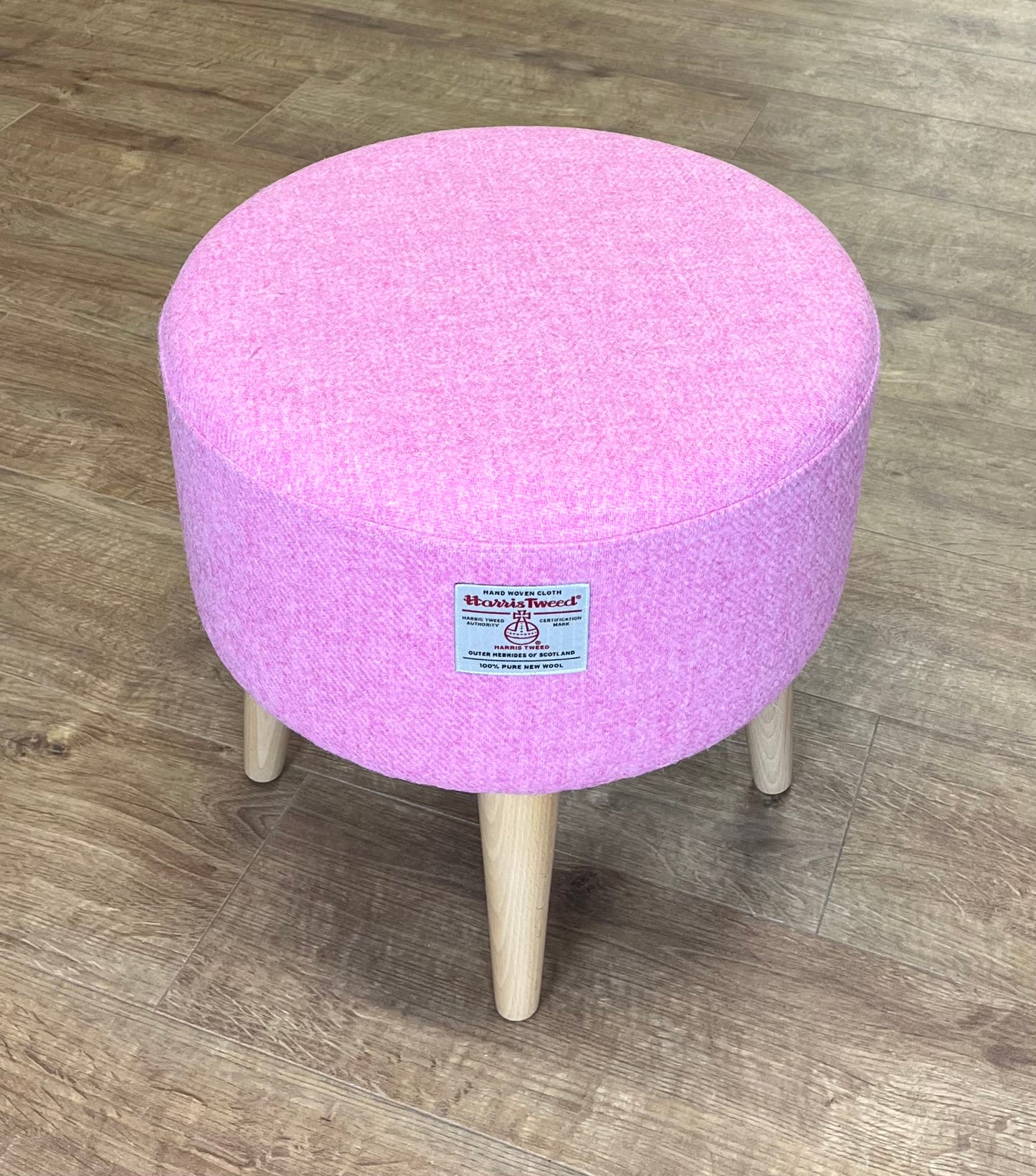Light Pink Harris Tweed Footstool with Varnished Wooden Legs