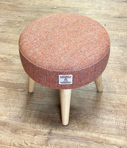 Burnt Orange Harris Tweed Footstool with Varnished Wooden Legs