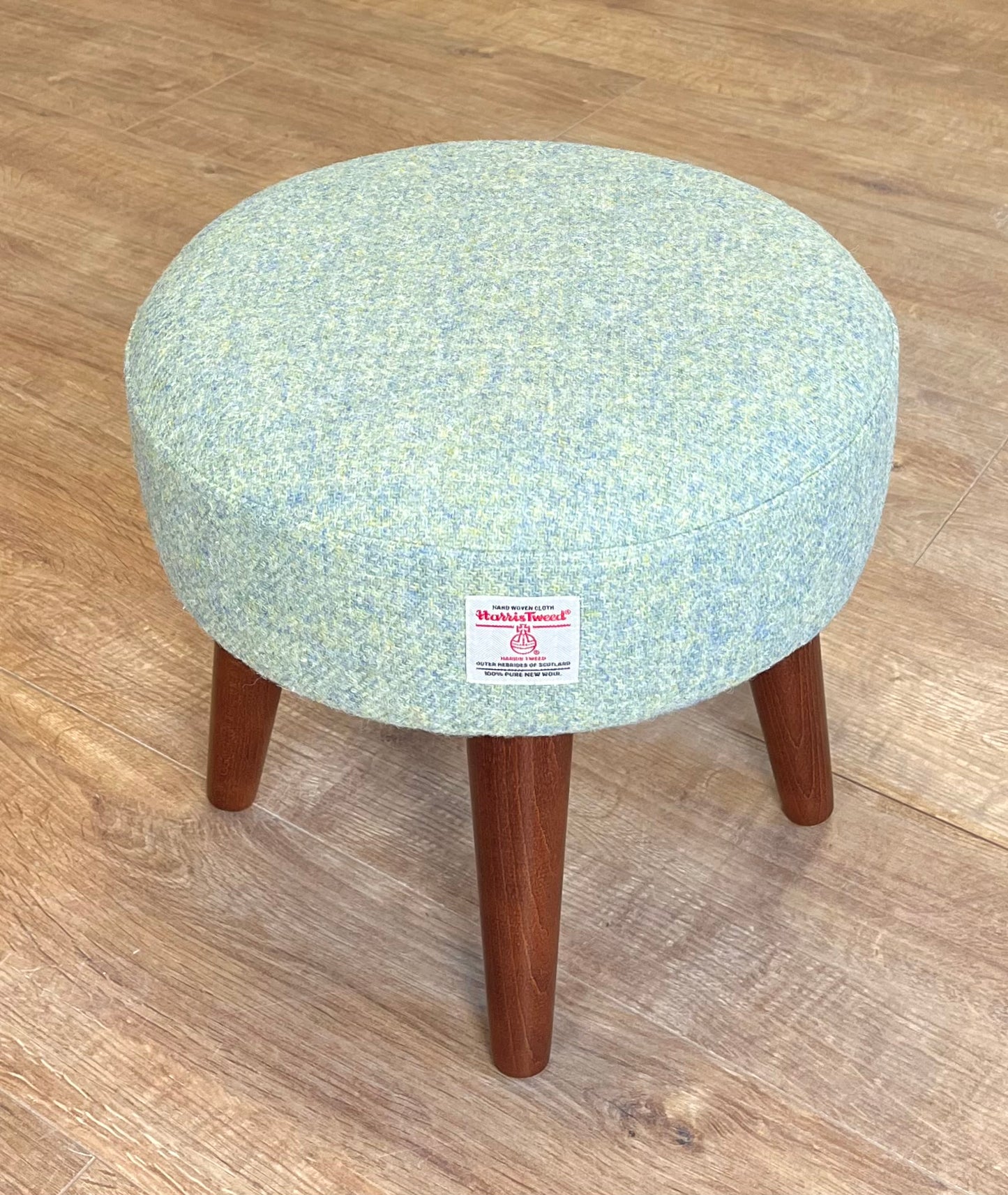 Light Green Harris Tweed Footstool with Varnished Wooden Legs