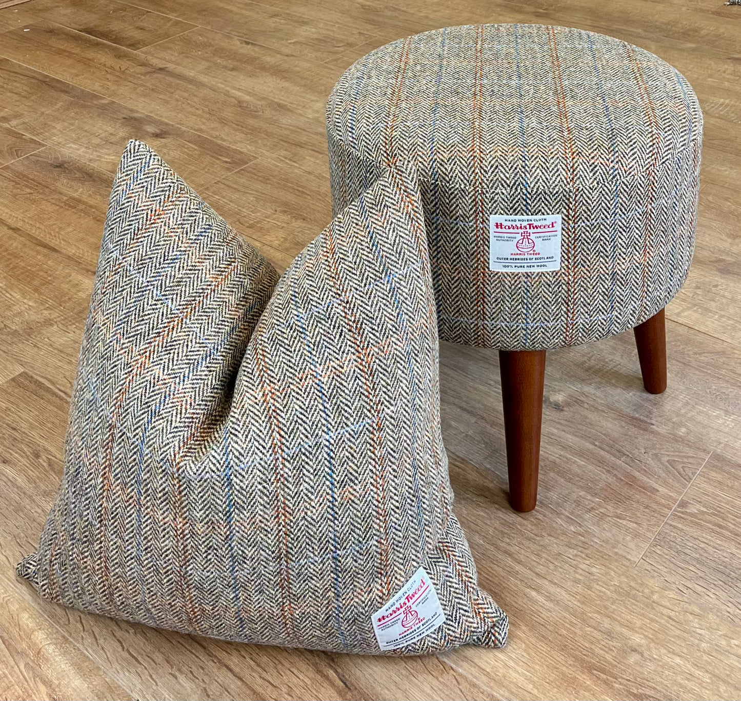 Overcheck Herringbone Footstool with Dark Varnished Wooden Legs