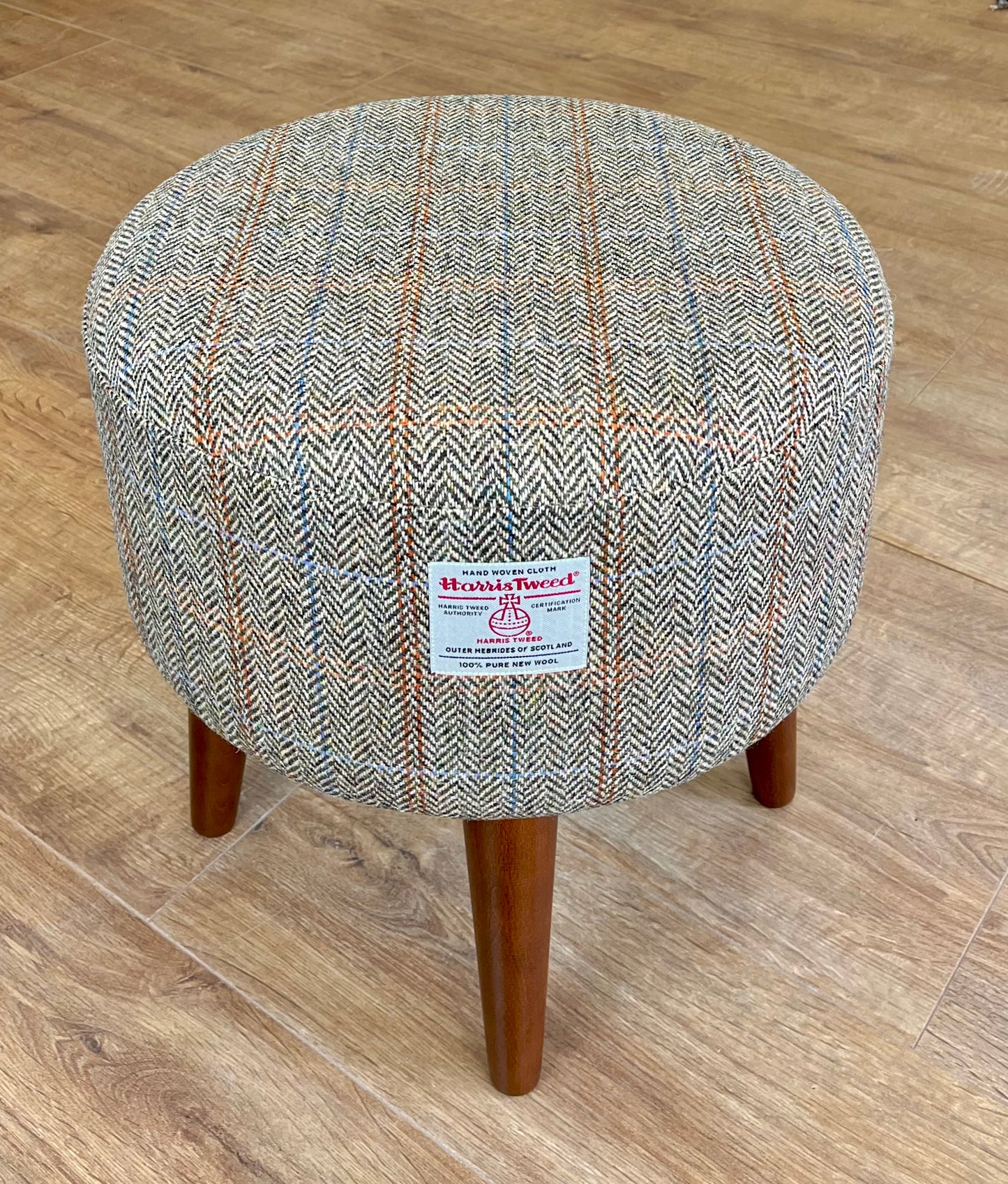 Overcheck Herringbone Footstool with Dark Varnished Wooden Legs