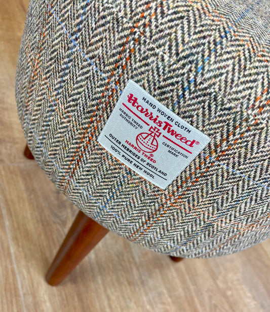 Overcheck Herringbone Footstool with Dark Varnished Wooden Legs