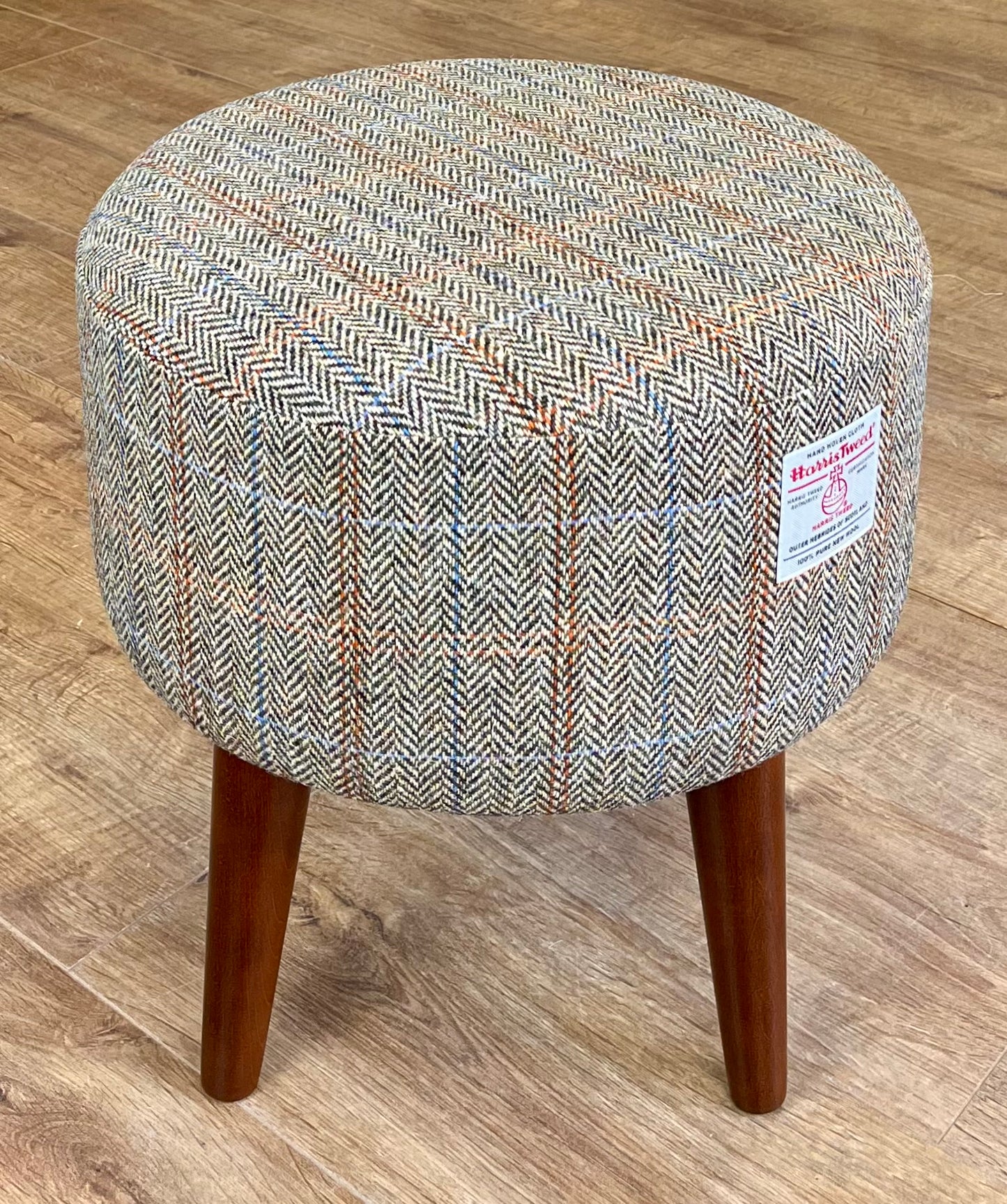 Overcheck Herringbone Footstool with Dark Varnished Wooden Legs