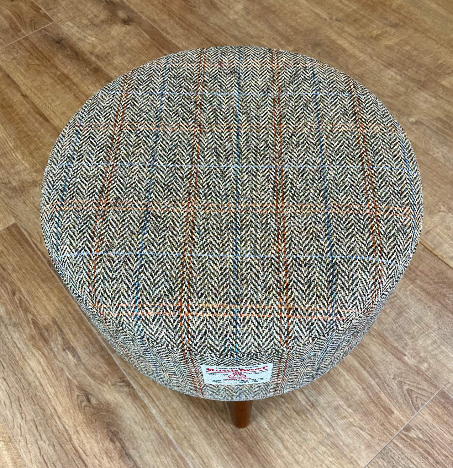 Overcheck Herringbone Footstool with Dark Varnished Wooden Legs