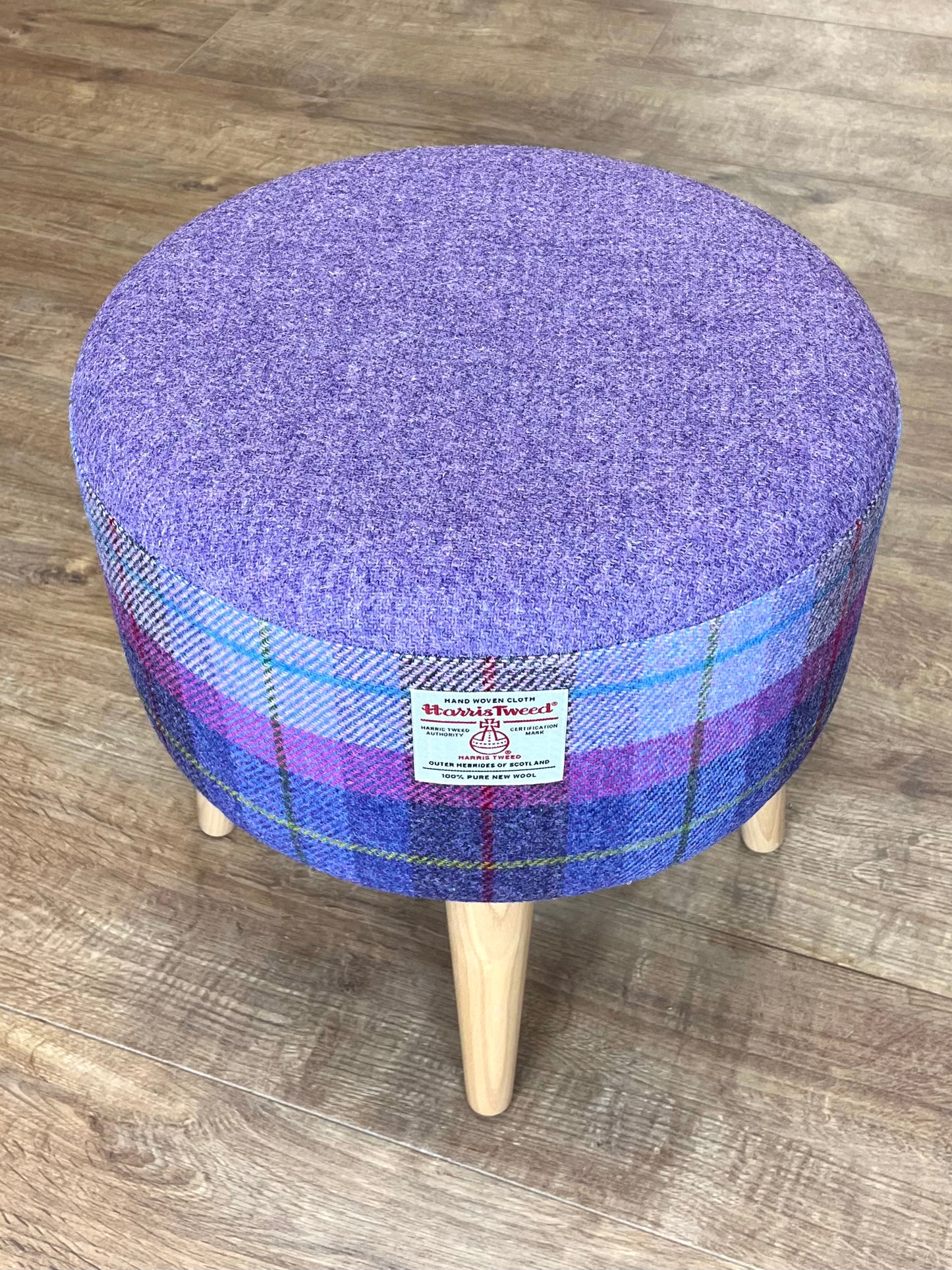 Lilac and Tartan Harris Tweed Round Footstool with Varnished Wooden Legs