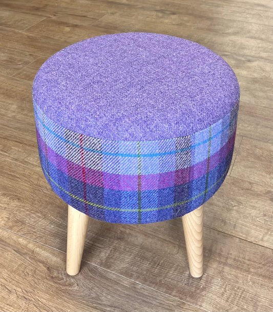 Lilac and Tartan Harris Tweed Round Footstool with Varnished Wooden Legs