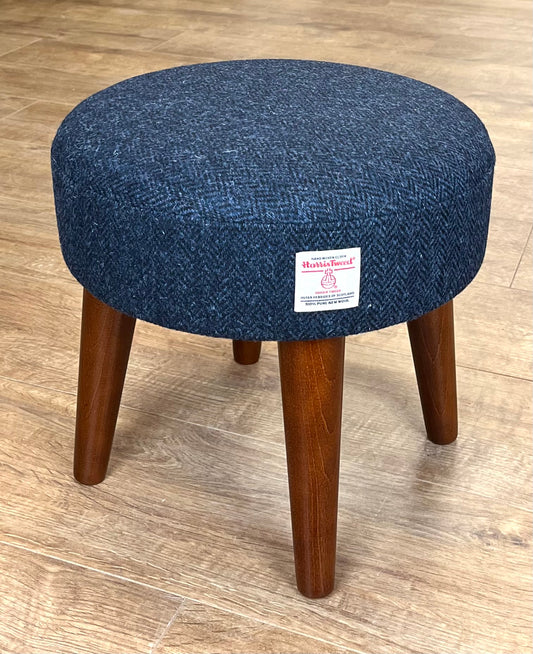 Small Navy Blue Herringbone Harris Tweed Footstool