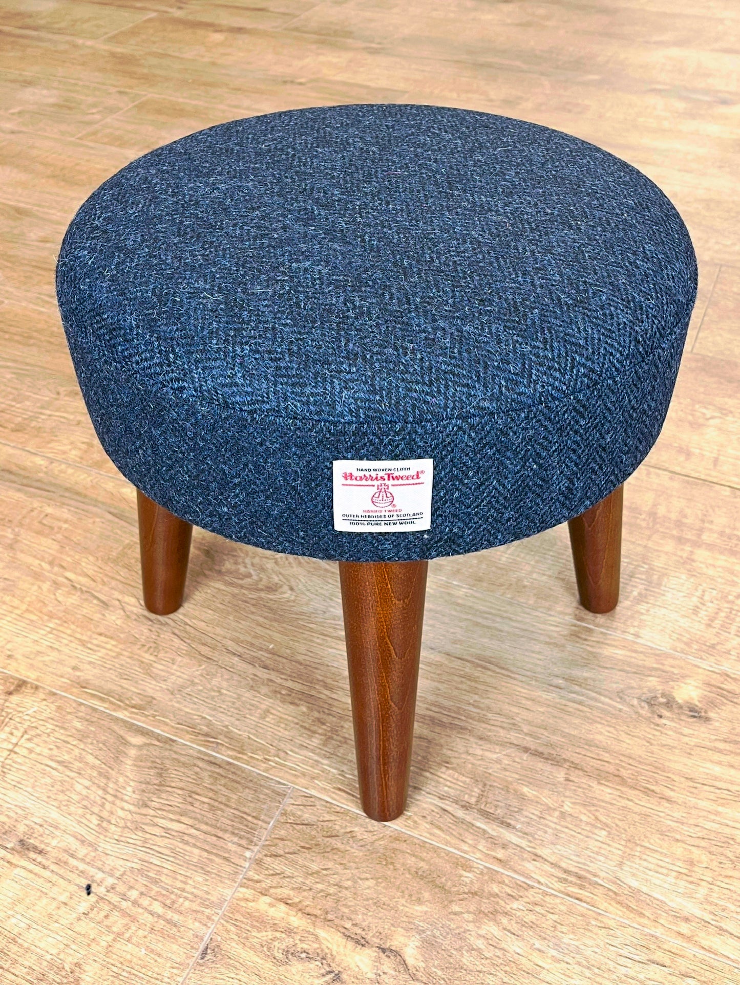Small Navy Blue Herringbone Harris Tweed Footstool