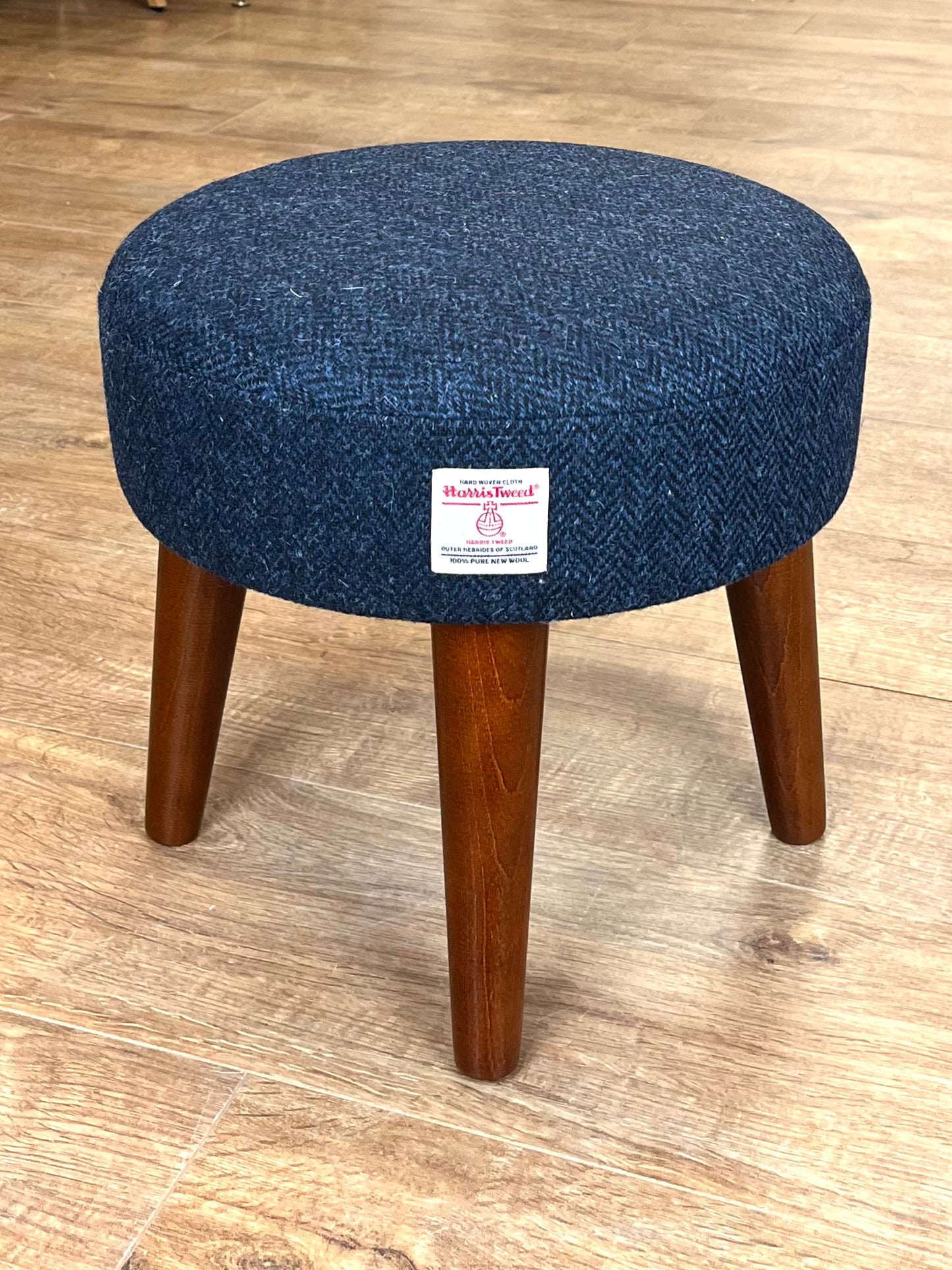 Small Navy Blue Herringbone Harris Tweed Footstool