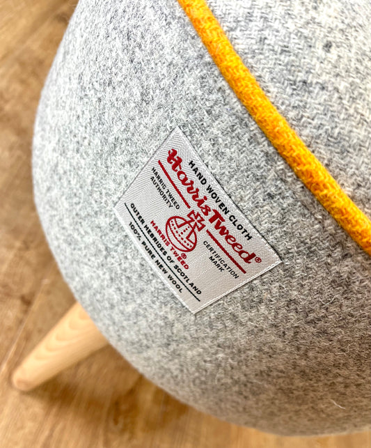 Grey Harris Tweed Footstool with Yellow Piping and Varnished Wooden Legs