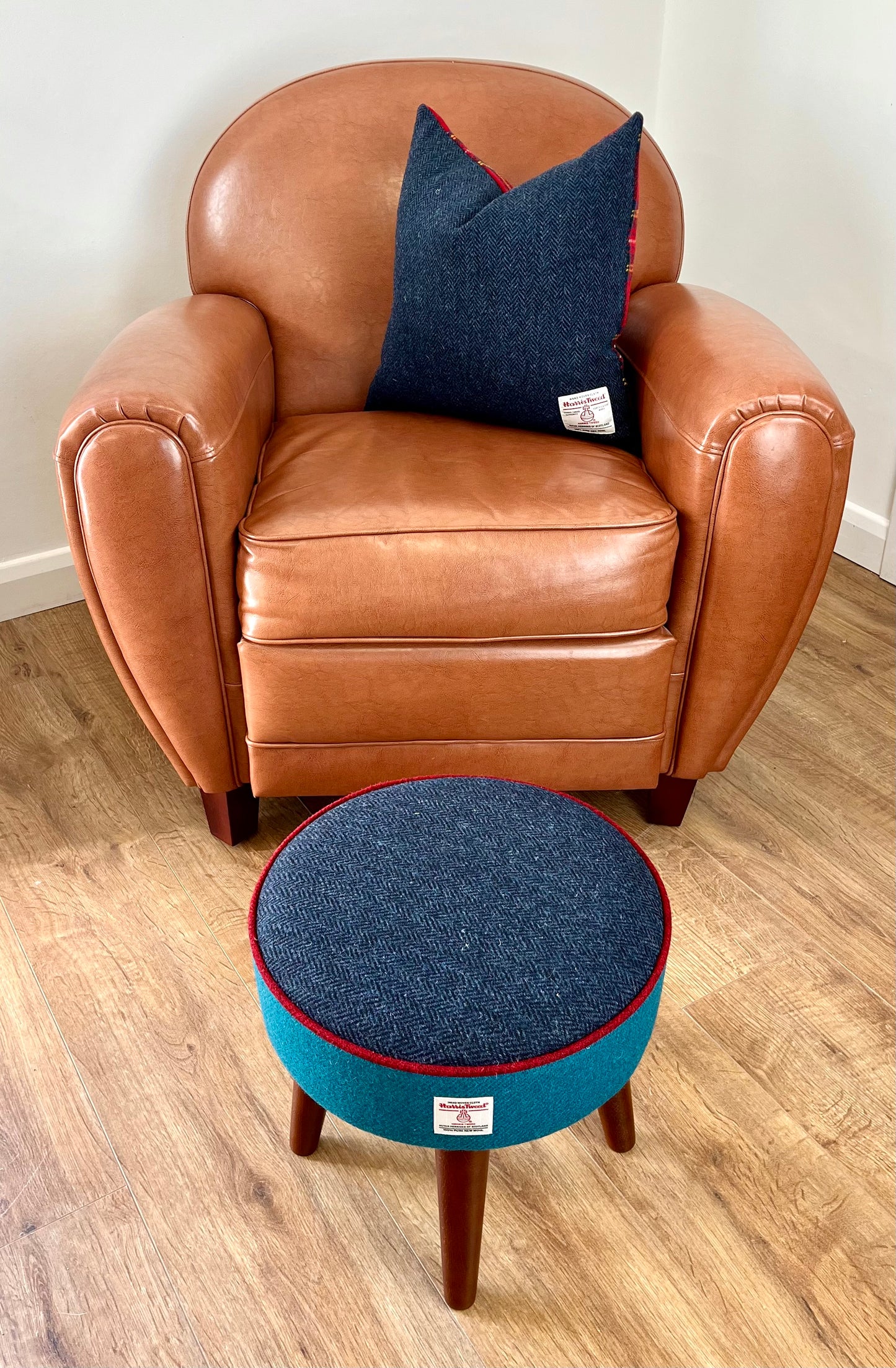 Navy and Teal Harris Tweed Footstool with Red Piping and Dark Varnished Wooden Legs