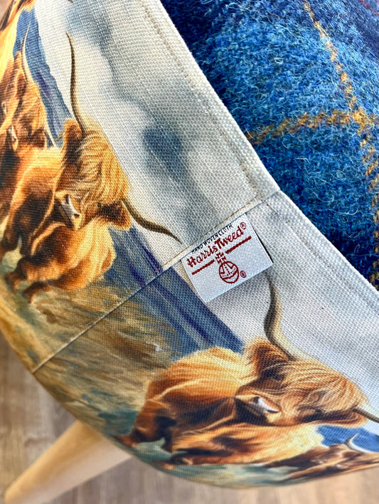 Highland Cows by the Sea and Blue Tartan Harris Tweed Footstool