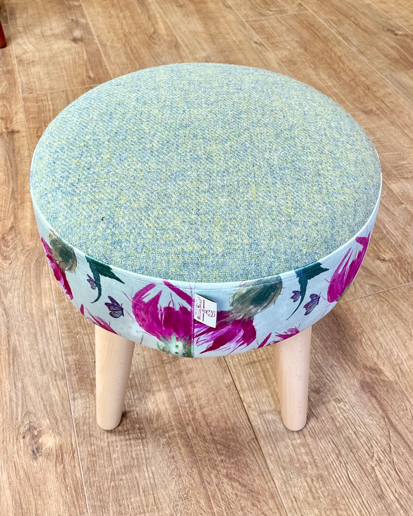 Butterfly Thistles on Duck Egg Velvet and Light Green Harris Tweed