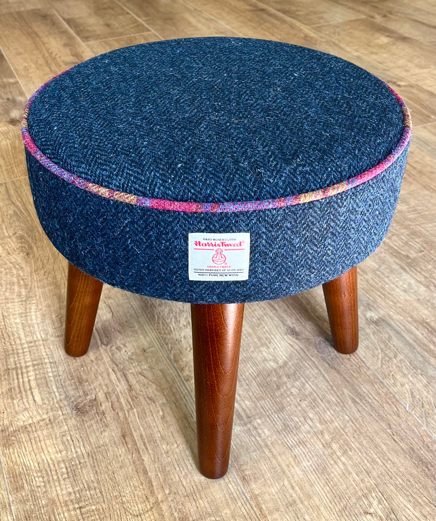 Navy Blue Harris Tweed Footstool with Tartan Piping and Dark Varnished Wooden Legs