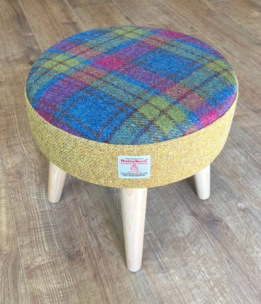 Mustard and Colourful Tartan Harris Tweed Footstool with Varnished Light Wooden Legs