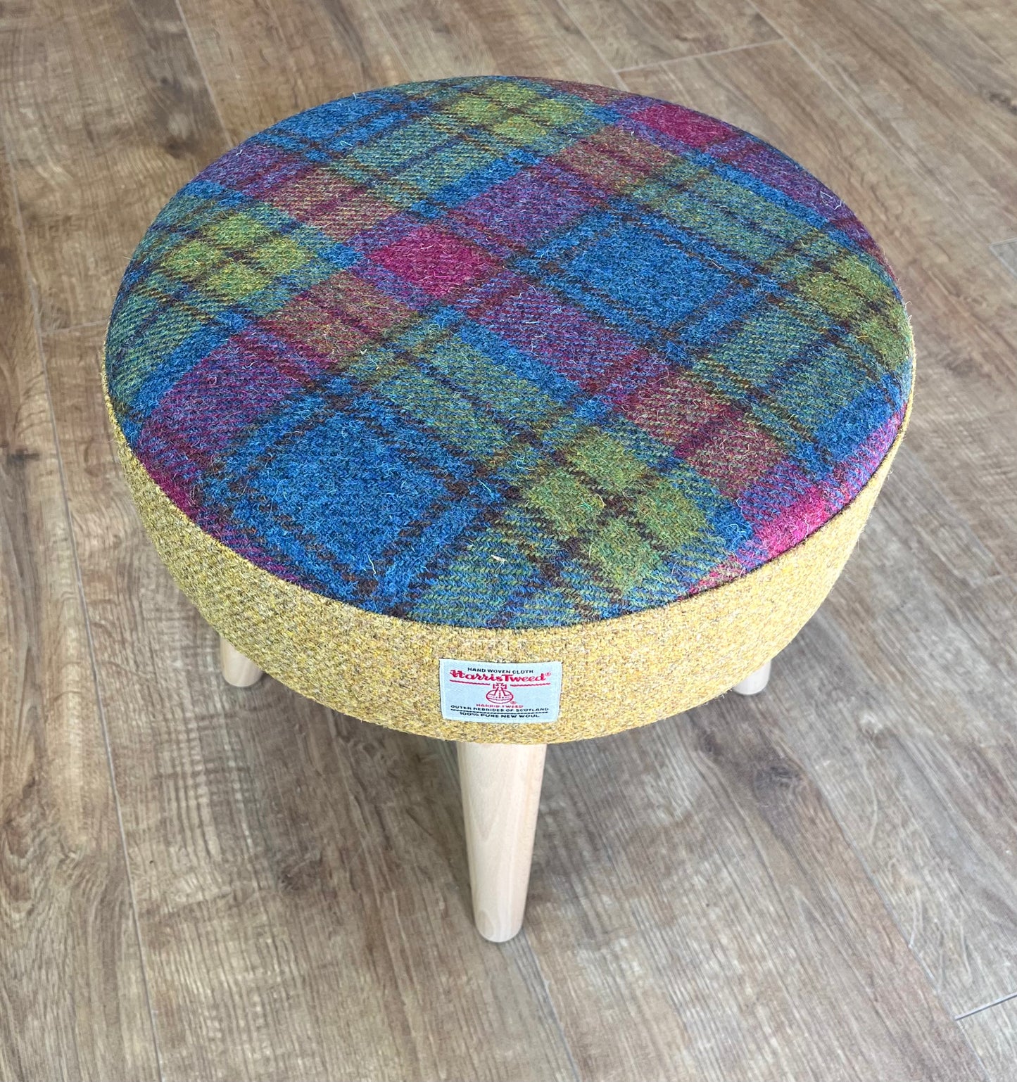 Mustard and Colourful Tartan Harris Tweed Footstool with Varnished Light Wooden Legs