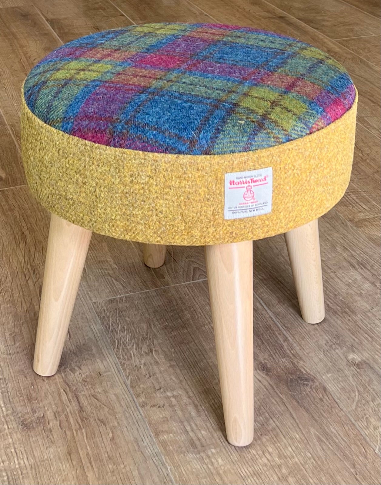 Mustard and Colourful Tartan Harris Tweed Footstool with Varnished Light Wooden Legs