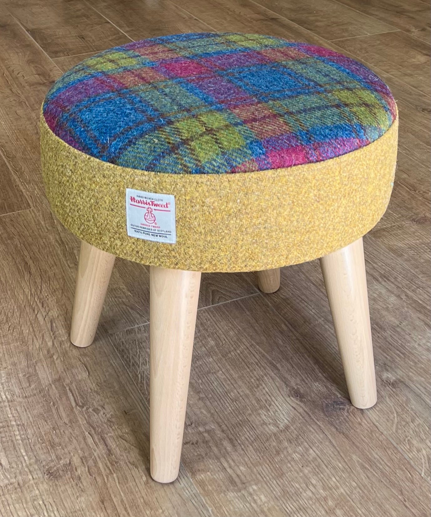 Mustard and Colourful Tartan Harris Tweed Footstool with Varnished Light Wooden Legs