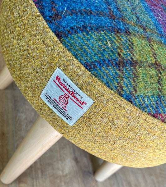 Mustard and Colourful Tartan Harris Tweed Footstool with Varnished Light Wooden Legs